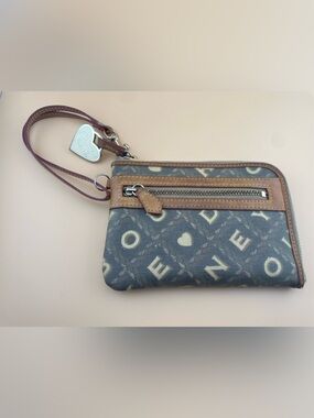 Dooney & Bourke Blue Canvas Logo Wristlet with Tan Trim
